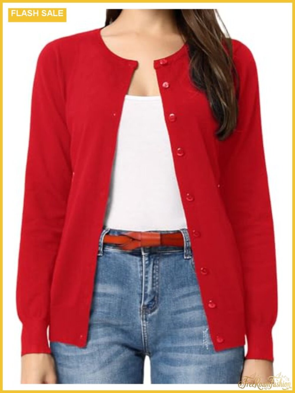 Lightweight Button Up Knit Cardigan Sweater Long Sleeve Crew Neck